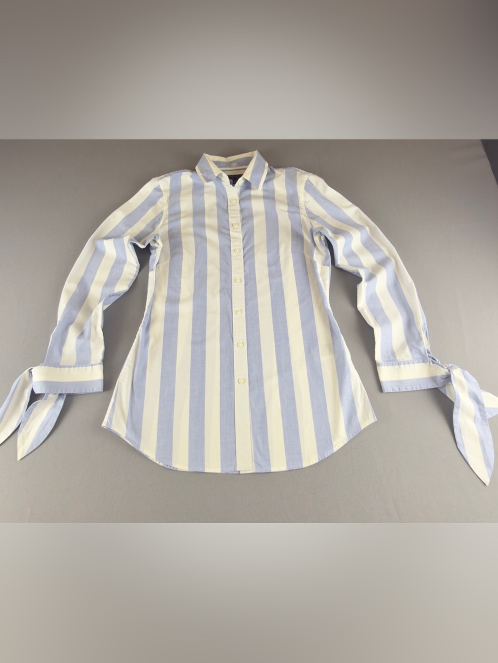 Banana Republic Blue and White Vertical Stripe Tie-Cuff Button-Up Blouse